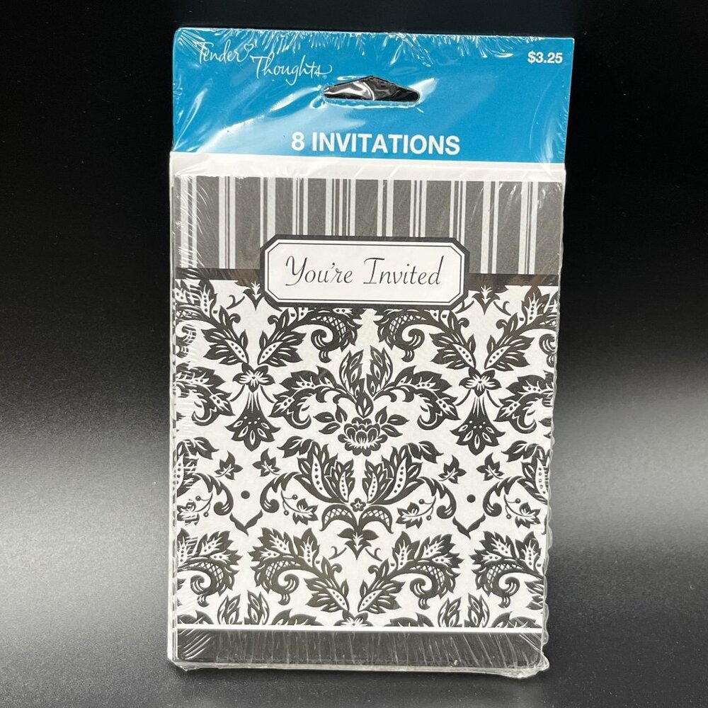 Tender Thoughts 8 Party Invitations & Envelopes Damask Design You're Invited